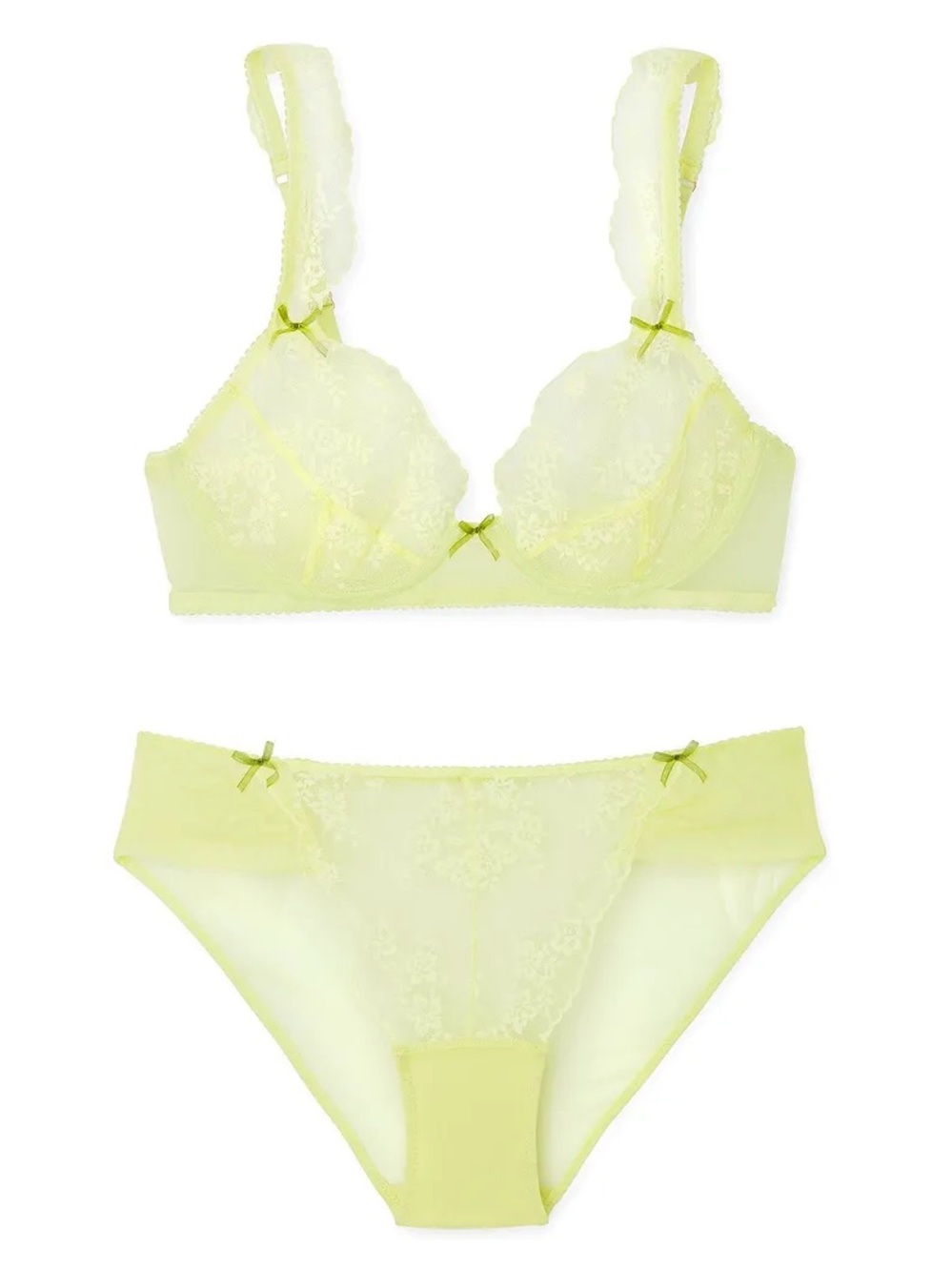 Adore Me Clera Unlined Pale Yellow Sheer Lace Underwire Bra with Green Bows